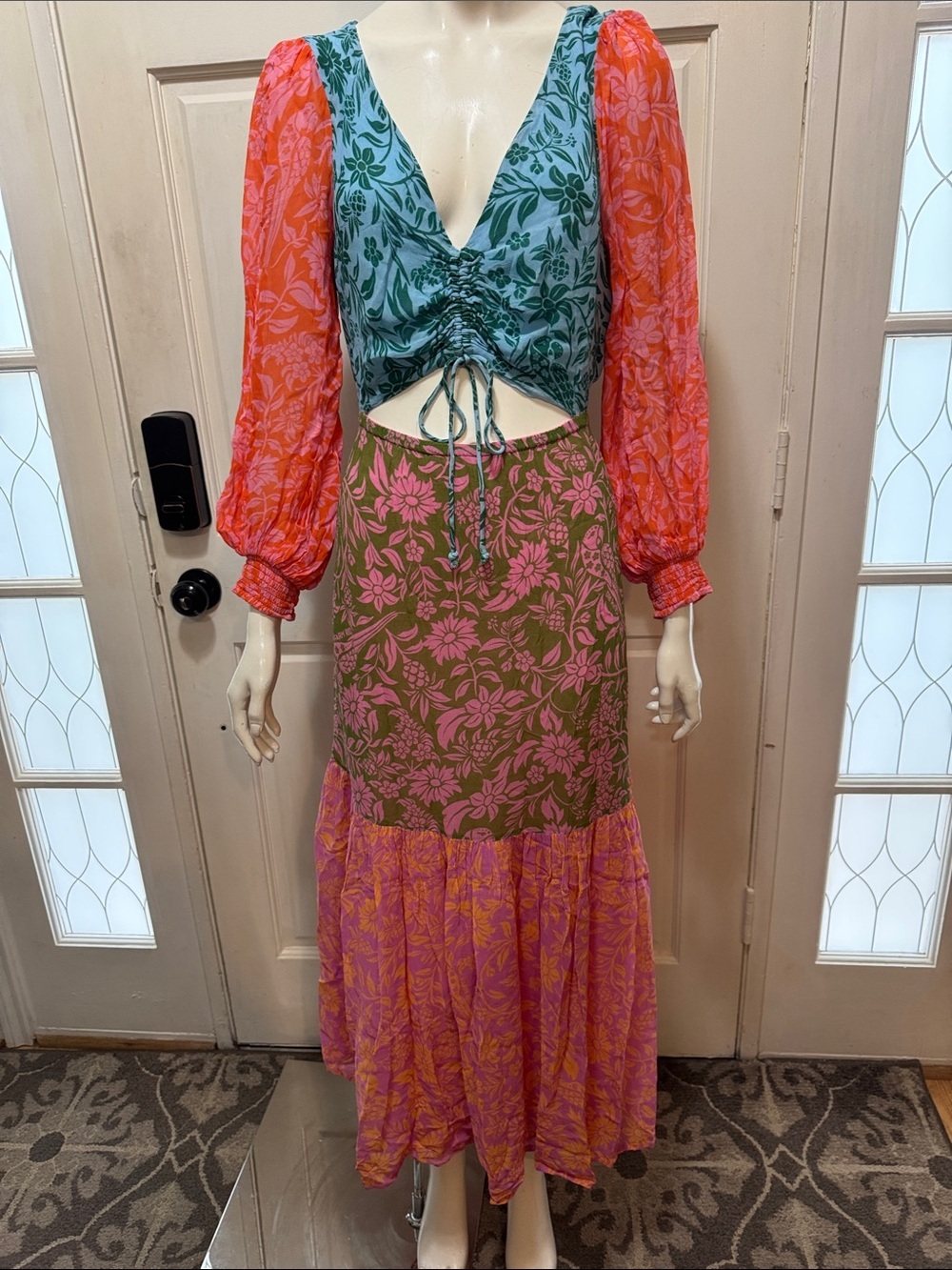Farm Rio Cutout Maxi Dress Colorblock Floral Maxi Dress with Tie Front S Medium - Picture 3 of 15